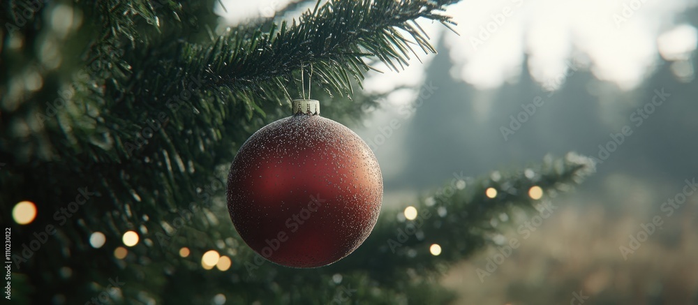 Poster blurry red ornament on a snowy christmas tree with soft background lights creating a festive holiday
