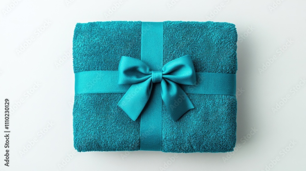Poster folded turquoise towel elegantly wrapped with a satin bow on a clean background top view showcasing 