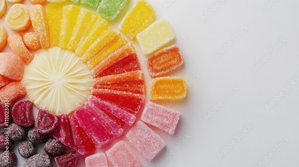 Leinwandbilder Vibrant assortment of colorful candies arranged in a circular pattern on a clean white background creating a cheerful visual display