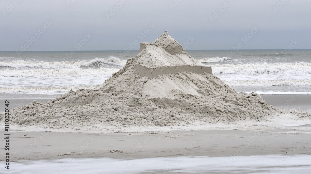 Poster Sand pile structure on a beach under overcast skies with crashing waves in the background.