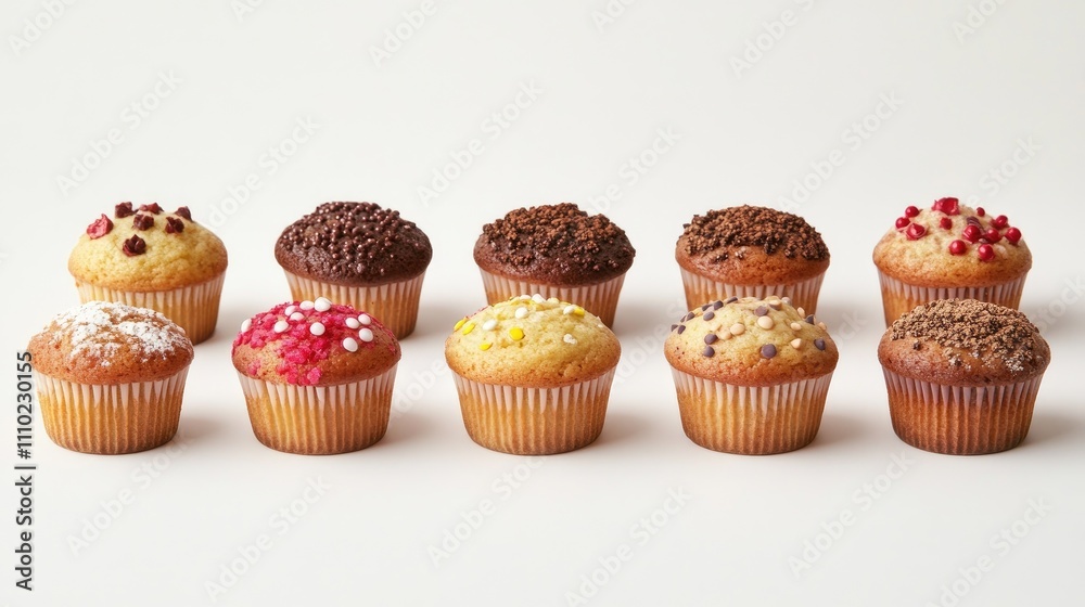 Poster colorful muffin assortment arranged on a white background showcasing various toppings and flavors id