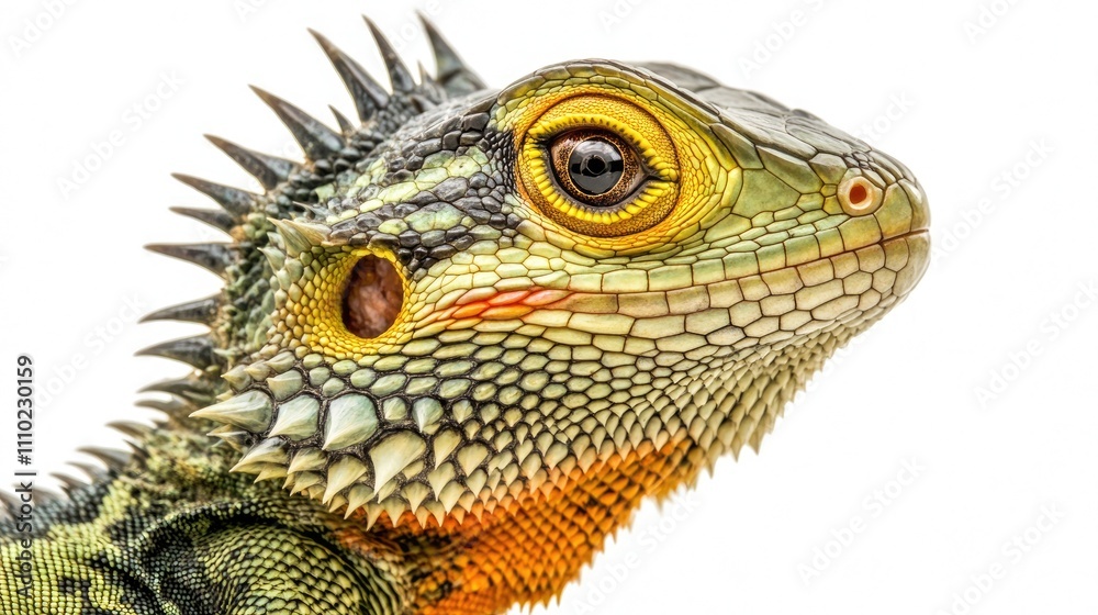 Poster Close-up of a vibrant green lizard showcasing intricate details on a white background highlighting its unique features and textures.