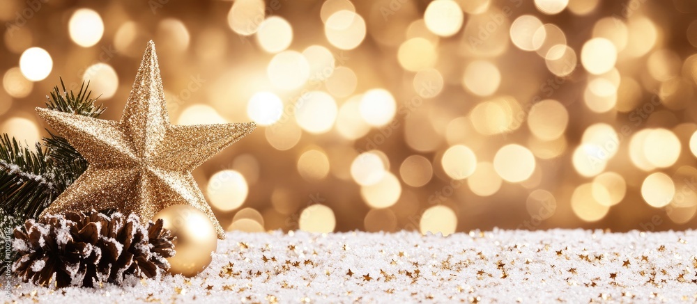 Aufkleber golden star ornament on snowy surface with pinecones and bokeh background creating a festive winter 