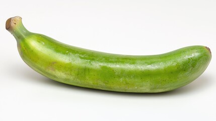 Green unripe banana isolated on white background showcasing its smooth texture and vibrant color perfect for culinary uses and healthy choices.