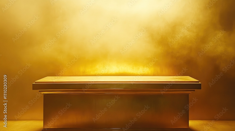 Poster elegant wooden table with glowing golden background for product display or creative presentations.
