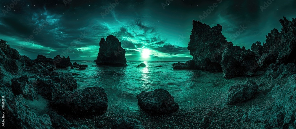 Aufkleber serene panoramic view of a beach under a dramatic night sky with glowing moonlight reflecting on the