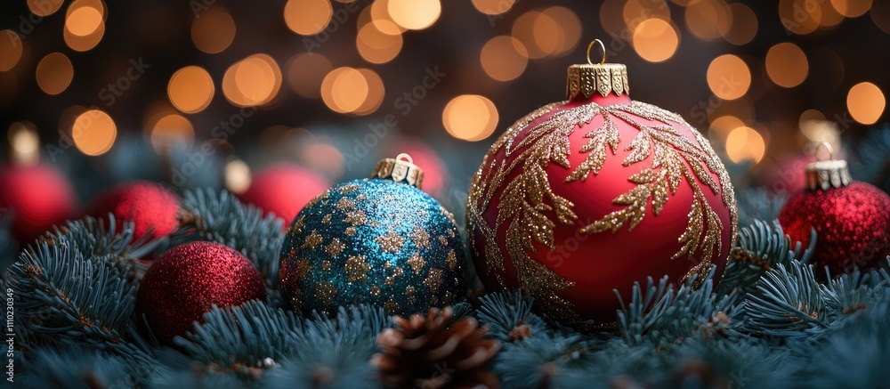 Poster Luxurious Christmas ornaments on evergreen branches with soft bokeh lights creating a festive and warm holiday atmosphere