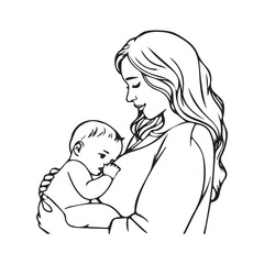 A mother is breastfeeding her baby. line art silhouette vector on white background