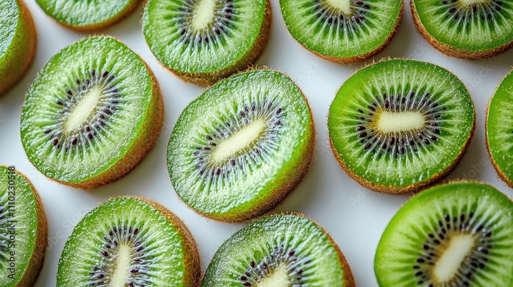 Poster sliced kiwi fruit showing vibrant green flesh and intricate texture against a clean white background