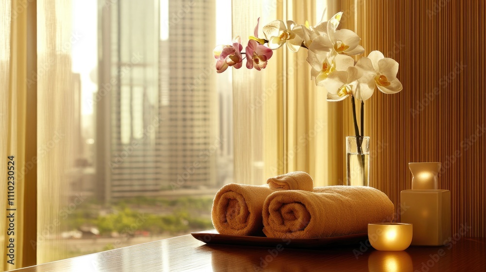 Poster Luxurious spa setup with towels and orchids creating a serene atmosphere in a hotel room with a city view