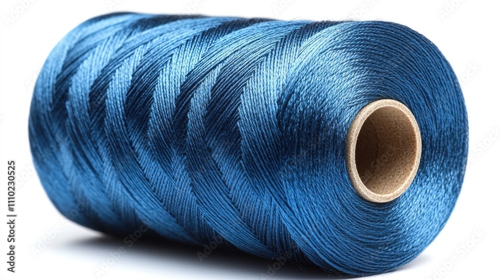 Poster blue spool of sewing thread with a glossy finish against a clean white background showcasing texture