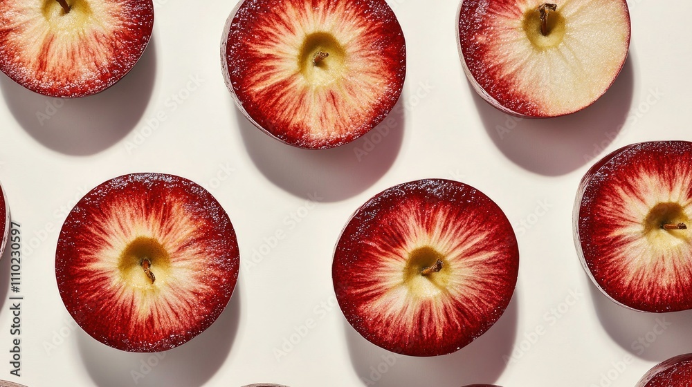 Poster sliced red paradise apples arranged on a white background showcasing their vibrant colors and textur