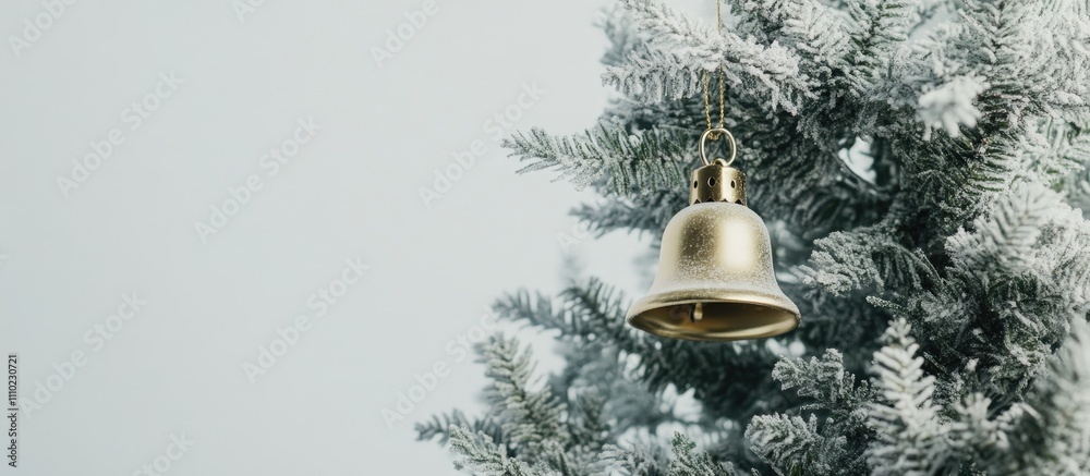 Aufkleber golden bell ornament hanging from a christmas tree with frosted branches against a soft white backgr
