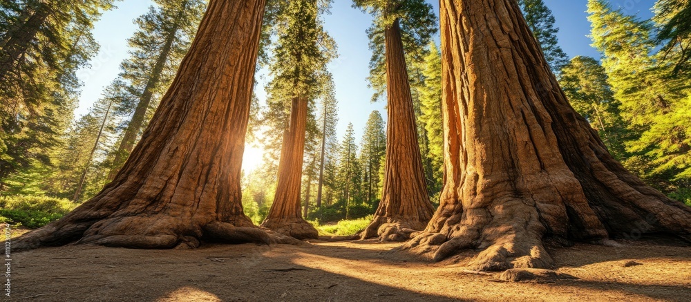 Poster majestic sequoia trees in a sunlit forest creating a serene and peaceful natural landscape scene