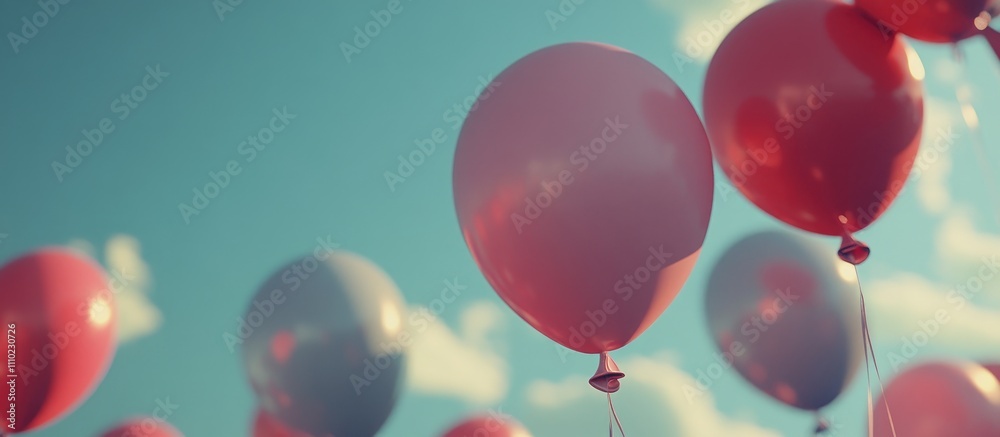 Poster colorful balloons floating against a clear blue sky creating a festive and cheerful atmosphere for c