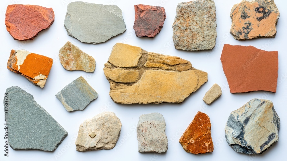 Poster diverse collection of natural stone tile samples arranged on a white background for design and archi