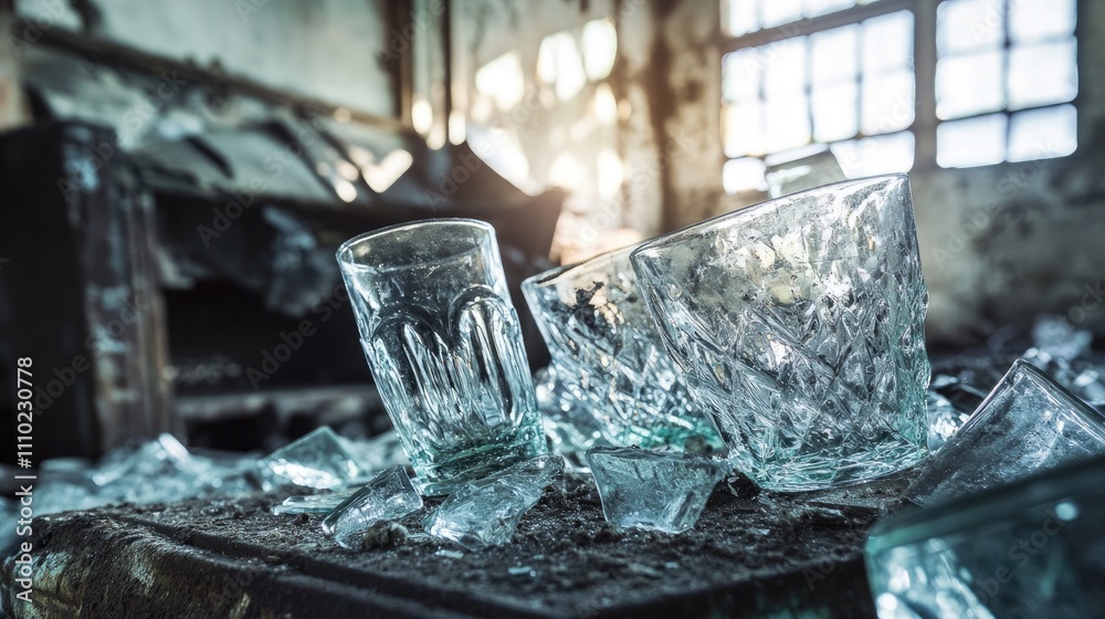 Poster discarded vintage glassware in an abandoned factory setting with sunlight streaming through broken w
