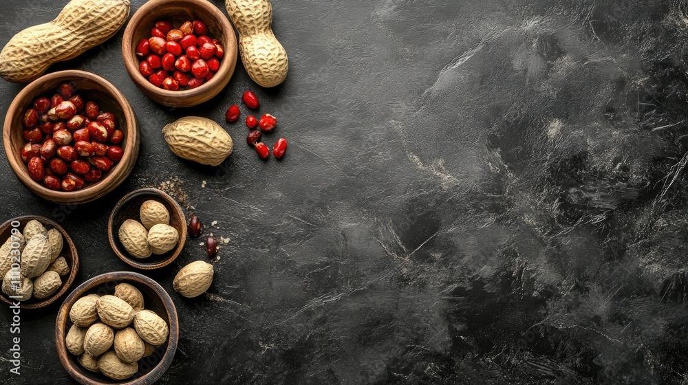 Poster peanuts and groundnuts in wooden bowls on a dark textured background with scattered nuts and red see