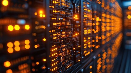 Data center storage array with illuminated servers showcasing advanced technology and digital connections in a network infrastructure environment