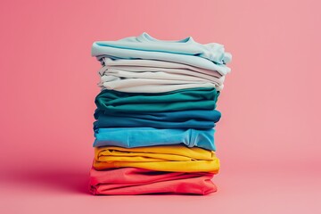 Stack of folded clothes on pink background