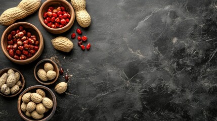 Peanuts and groundnuts in wooden bowls on a dark textured background with scattered nuts and red seeds for culinary or health themes