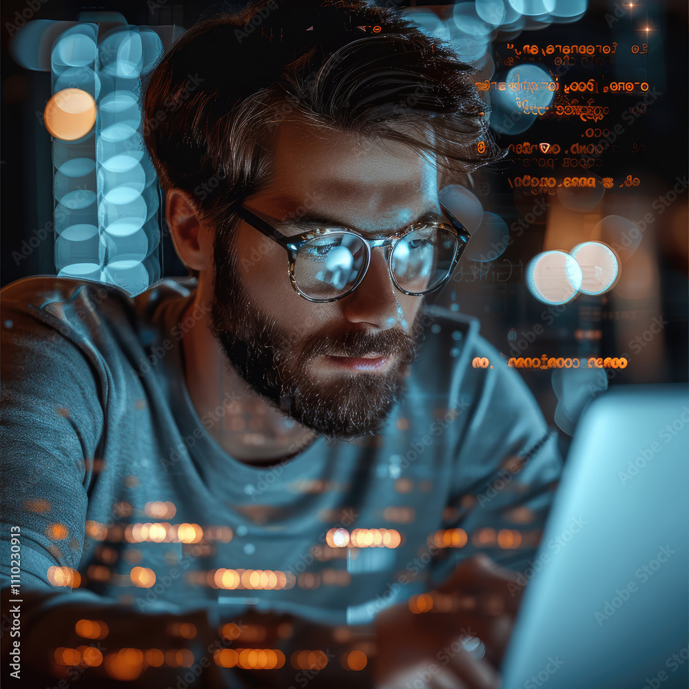 Poster man, A confident IT professional. He is sitting and working on a laptop, with semi-transparent windows displaying code floating around him.