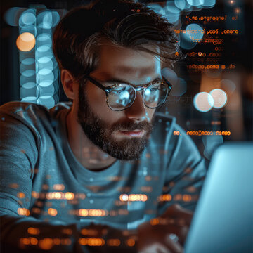 man, A confident IT professional. He is sitting and working on a laptop, with semi-transparent windows displaying code floating around him.