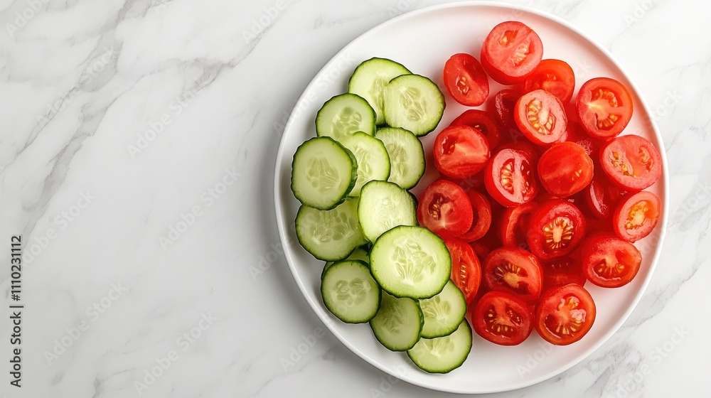 Poster freshly sliced cucumbers and vibrant red tomatoes beautifully arranged on a white plate against a so