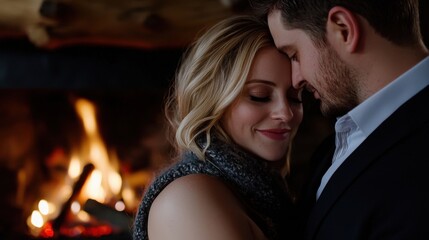 Fototapeta premium A couple is hugging in front of a fireplace