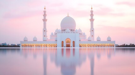 Fototapeta premium Serene Twilight Glow: Majestic Mosque Reflected in Still Waters at Ramadan's Emotive Hour. Ramadan Concept