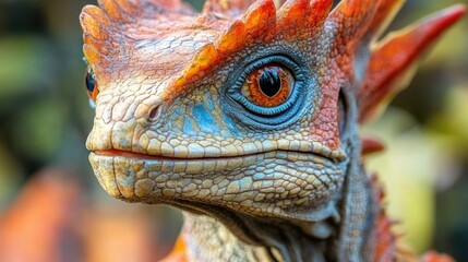 Close-up of a vibrant, fantasy dragon creature with intricate scales and expressive eyes.