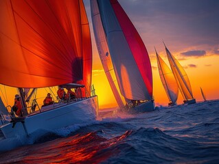 Sailboats racing, colorful sails, close-up, dynamic action, ocean waves, regatta competition