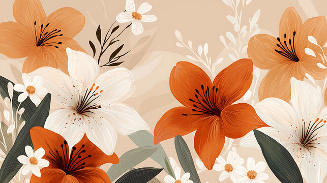 A charming and elegant illustration of orange lilies and white daisies surrounded by soft green leaves, with a textured neutral background enhancing the composition's delicacy.