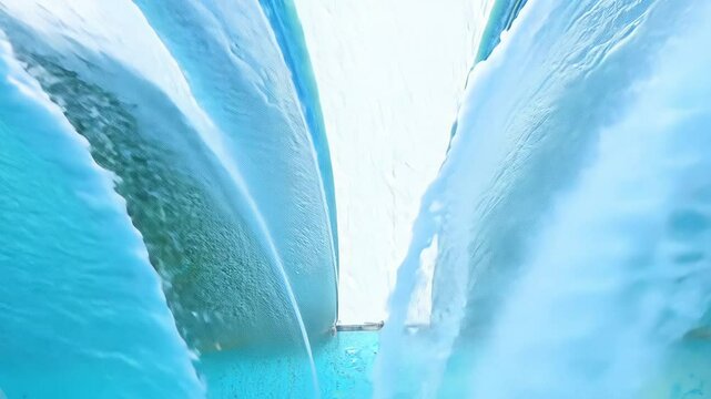 Bright light illuminates a slow motion video of a water wall, zooming out to showcase perfect laminar flow and a glass-like sheet with no turbulence