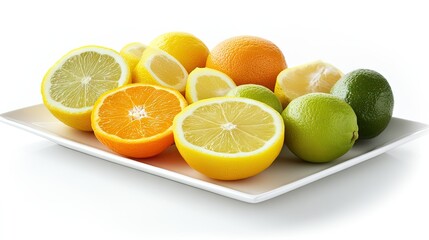 A minimalist composition of assorted citrus fruits on a white plate, with halves and wedges of lemons, limes, and oranges on a white background