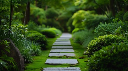 Pathway in the garden with green plants and flowers