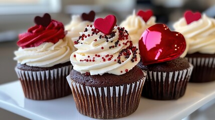 A row of cupcakes with red hearts on top