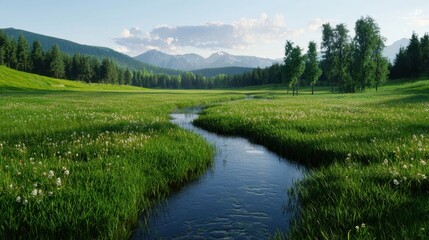 A river runs through a lush green field