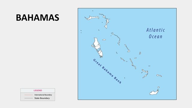 Bahamas Map. Political map of Bahamas with state border in outline. Political map of Bahamas with outline and neighbouring countries.