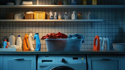 A modern laundry room with a plastic basket of dirty clothes and cleaning products arranged on a shelf