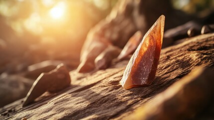 Close-up of ancient stone tools, sharp flint knives, and polished axes on a weathered wooden surface, symbolizing prehistoric craftsmanship and the dawn of human ingenuity.