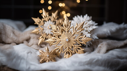 
Luxurious handcrafted golden snowflakes decor festive background perfect for seasonal Christmas cards and themes.