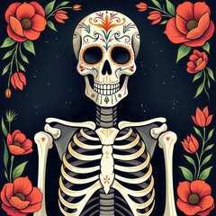 Artistic Skeleton Artwork Celebrating Day of the Dead in Folk Art Style.
