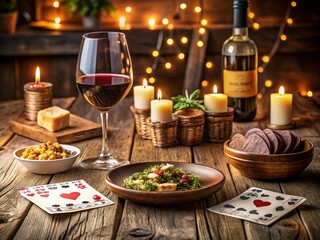 Captivating Food Photography Featuring a Gourmet Meal Paired with Playing Cards for Relaxing Evenings of Solitaire Gaming Amidst a Cozy Atmosphere