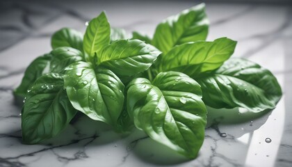 Fototapeta premium Hojas de albahaca verde fresca sobre un fondo de mármol