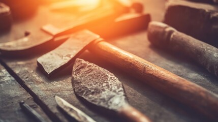 Close-up of ancient stone tools, sharp flint knives, and polished axes on a weathered wooden surface, symbolizing prehistoric craftsmanship and the dawn of human ingenuity.
