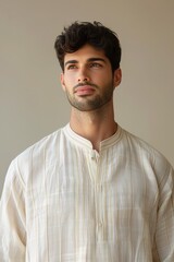Obraz premium A male model in a casual linen kurta with a relaxed fit and subtle stripes, set against a solid light taupe background, representing a laid-back, comfortable style.