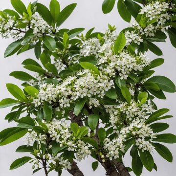 A mahua tree with small green leaves and fragrant white flowers, on a white background.