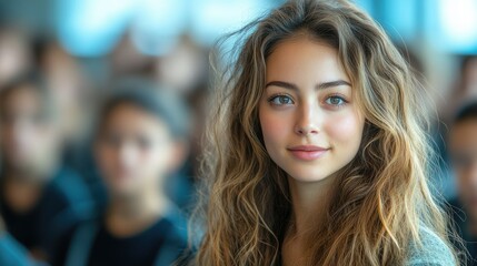 Fototapeta premium Close-up portrait of a young woman with long wavy brown hair, looking directly at the camera, with a blurred background of people.