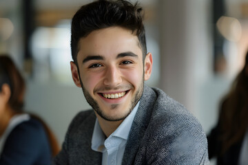 Obraz premium Young professional with a bright smile engages in a collaborative work environment at a modern office setting during the day